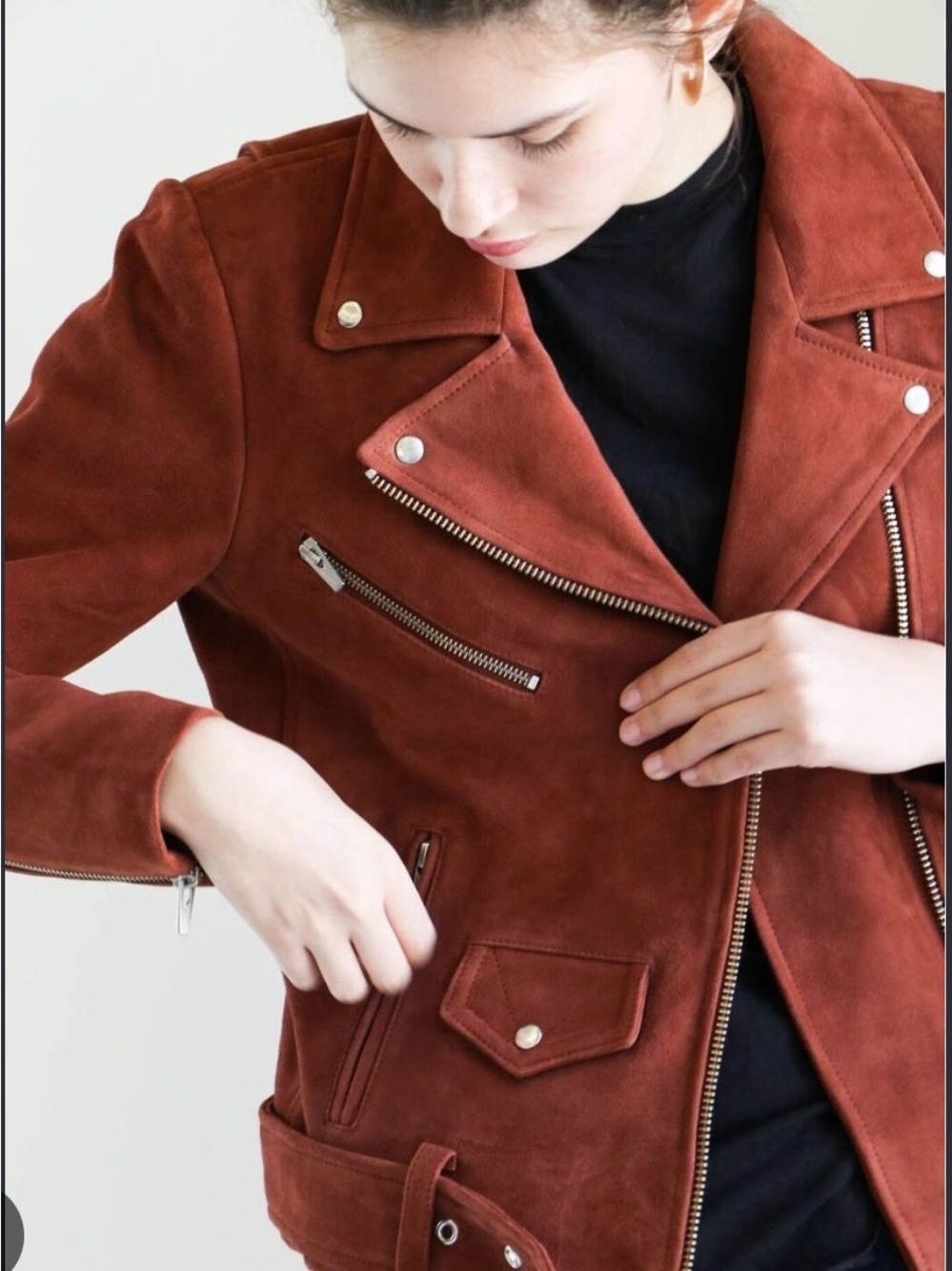 (Reformation)Veda Rust Brown Suede Moto Jacket with Belt
